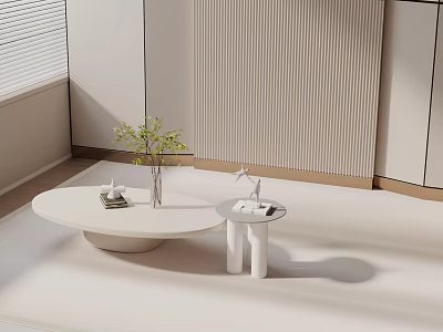Minimalist Living Room White Coffee Table Set With Oval And Small Tables Green Plant Decorations 3d model