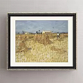 Black Framed Landscape Painting Featuring Golden Wheat Field With Green Trees And Blue Sky Background