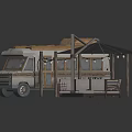 Camper Van With Wooden Roof Platform Shaded Umbrella And Outdoor Sofa Setup
