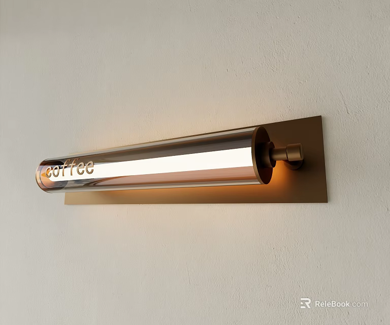 Modern Wall Sconce With Brass Base Clear Glass Tube Coffee Lettering Warm Light 3d model 