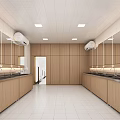Clean Modern Public Restroom With Spacious Interior Sinks Mirrors Windows And Wooden Cabinets