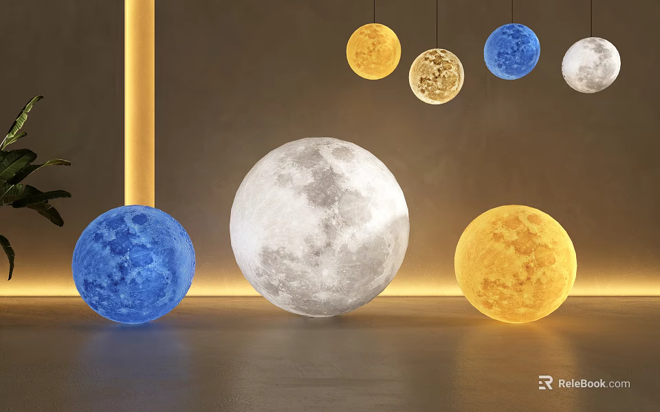 Moon Shaped Floor Lamps With Textured Surface And Different Colors For Modern Indoor Decoration 3d model