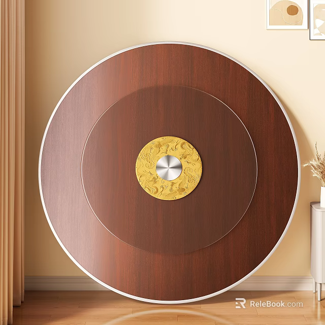 Round Dining Table Featuring Dark Brown Wooden Top And Golden Decorative Pattern With Silver Knob 3d model 