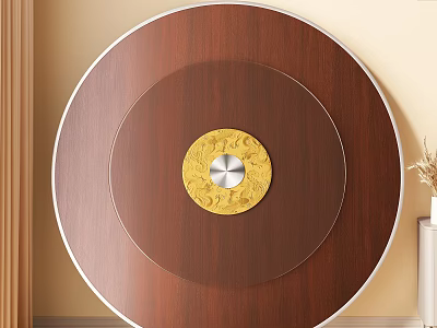Round Dining Table Featuring Dark Brown Wooden Top And Golden Decorative Pattern With Silver Knob 3d model