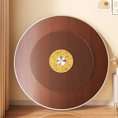 Round Dining Table Featuring Dark Brown Wooden Top And Golden Decorative Pattern With Silver Knob 3d model