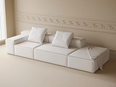 Modern White Three Seater Sofa With Cushions In Living Room Interior And Decorative Wall Molding 3d model