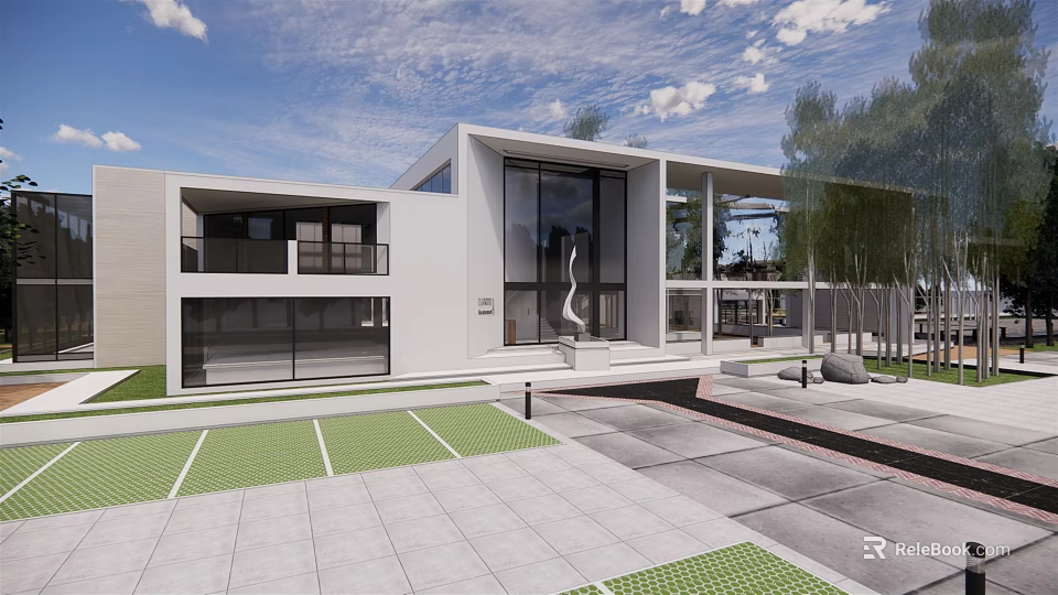 Modern White Building Exterior With Large Glass Windows Courtyard And Trees 3d model 