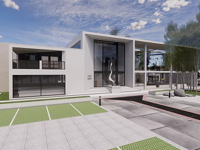 Modern White Building Exterior With Large Glass Windows Courtyard And Trees 3d model