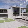 Modern White Building Exterior With Large Glass Windows Courtyard And Trees