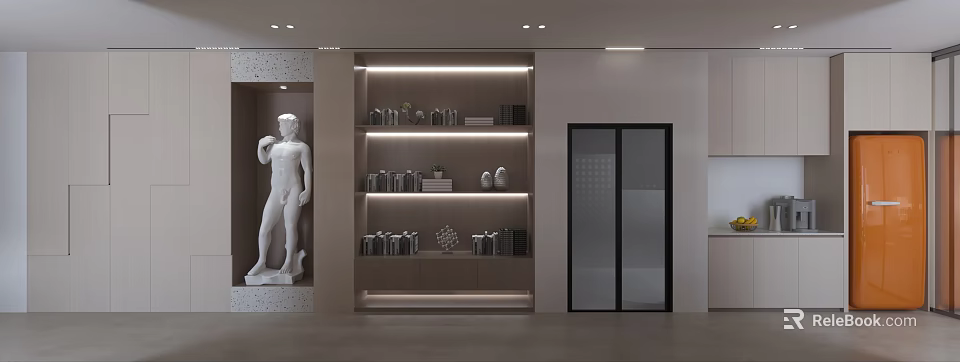 Modern Dining And Living Room Interior With Display Shelves Statue Decor And Glass Doors 3d model 