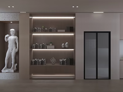 Modern Dining And Living Room Interior With Display Shelves Statue Decor And Glass Doors 3d model