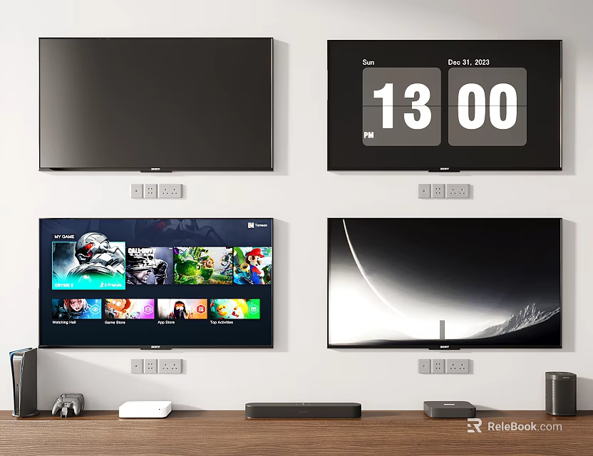 Wall Mounted Curved Smart TVs With Time Display Streaming Content And Entertainment Accessories 3d model 