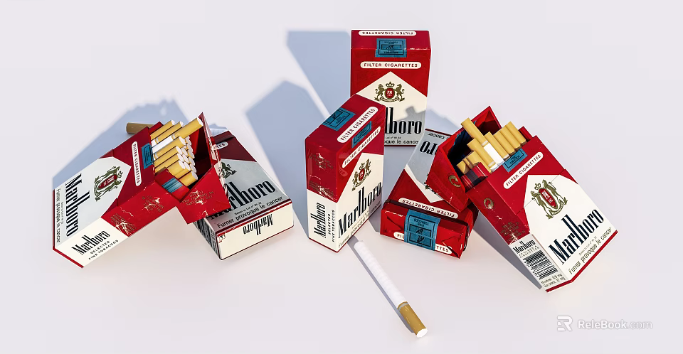 Marlboro Cigarette Packs With Open Cartons And Scattered Cigarettes On White Surface 3d model 
