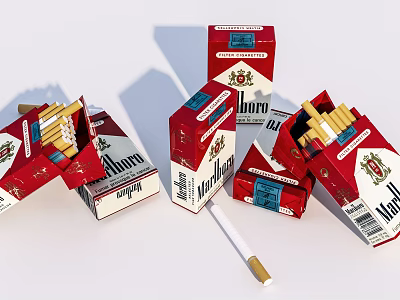Marlboro Cigarette Packs With Open Cartons And Scattered Cigarettes On White Surface 3d model