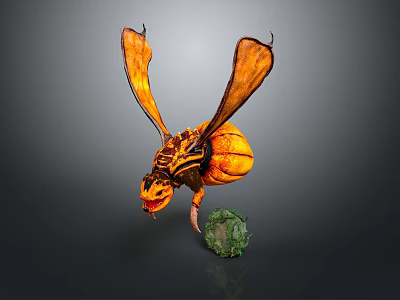 Fantasy Mythical Insect Creature With Orange Wings Striped Body And Green Orb 3d model