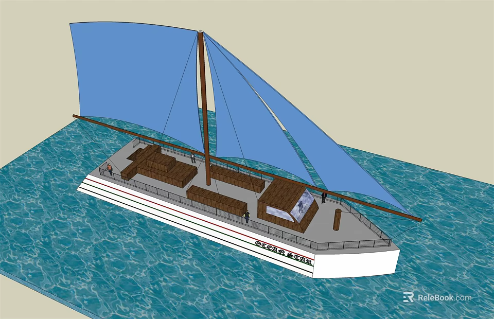 Traditional Wooden Boat With Blue Sails Deck Seats And Storage Sailing On Water 3d model 