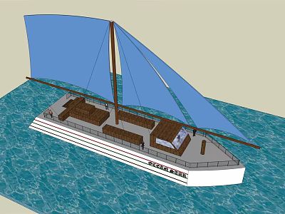 Traditional Wooden Boat With Blue Sails Deck Seats And Storage Sailing On Water 3d model