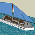 Traditional Wooden Boat With Blue Sails Deck Seats And Storage Sailing On Water