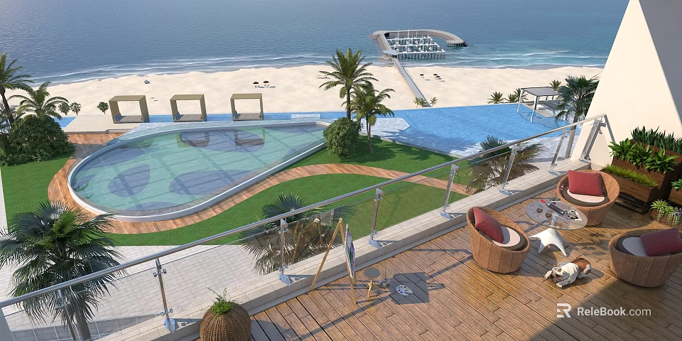 Luxury Beachfront Outdoor Space With Pool Lawn Palm Trees Wooden Deck And Lounge Seats 3d model 