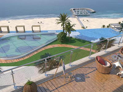 Luxury Beachfront Outdoor Space With Pool Lawn Palm Trees Wooden Deck And Lounge Seats 3d model