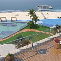 Luxury Beachfront Outdoor Space With Pool Lawn Palm Trees Wooden Deck And Lounge Seats