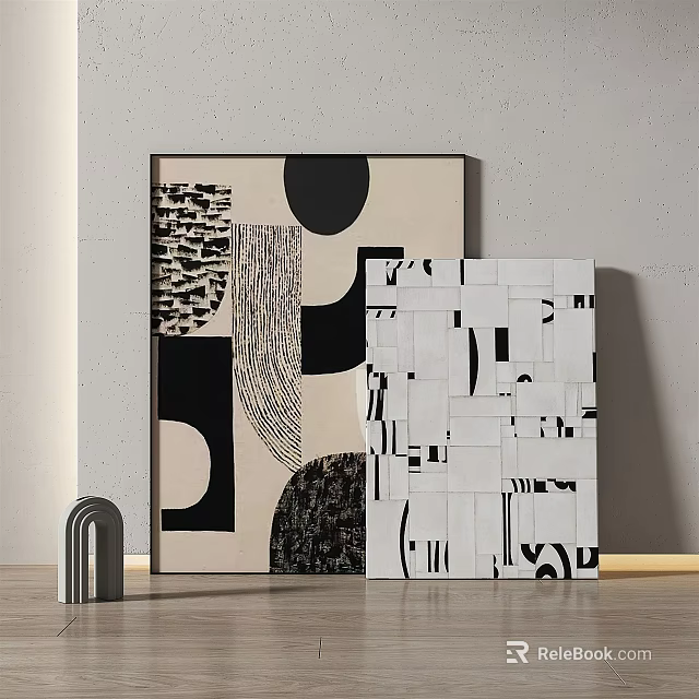 Abstract Art Paintings With Geometric Patterns On Gray Wall And Arched Decor 3d model