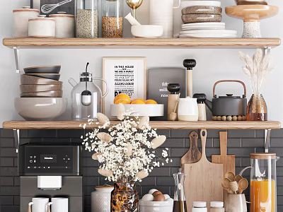 Stylish Kitchenware Display On Shelves With Bowls Mugs Jars Coffee Machine Cutting Boards And Flowers 3d model