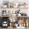 Stylish Kitchenware Display On Shelves With Bowls Mugs Jars Coffee Machine Cutting Boards And Flowers