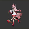 Game and Movie Character With Pink Hair Fox Ears White Pink Outfit And Flame Effects