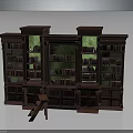 Large Wooden Bookshelf Furniture With Multiple Compartments Filled With Books And Small Wooden Stool
