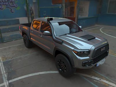 Silver Pickup Truck Parked In Urban Area With Graffiti Walls 3d model