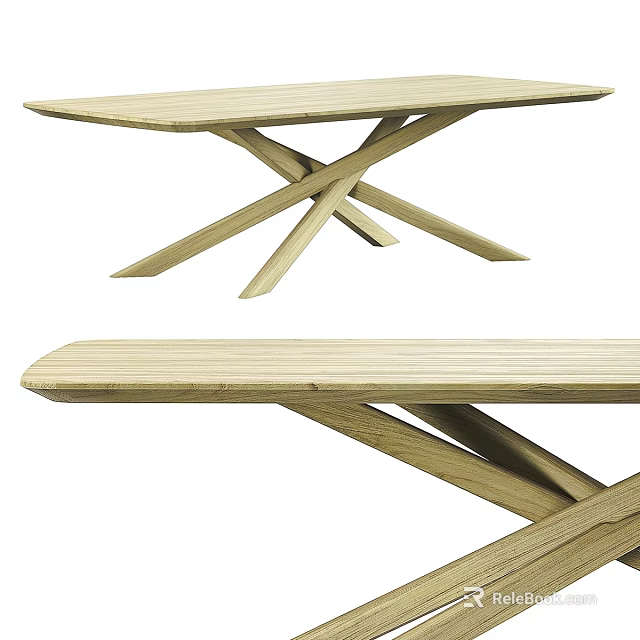 Wooden Dining Table Featuring Simple Modern Design With Crossed Legs And Long Tabletop 3d model 