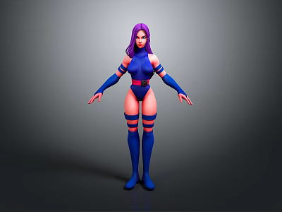 Stylized 3D Model Character With Purple Hair Blue Outfit Red Stripes And Arm Leg Guards 3d model