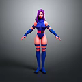 Stylized 3D Model Character With Purple Hair Blue Outfit Red Stripes And Arm Leg Guards