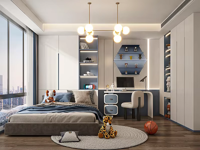 Modern Kids Room Interior Design With Bed Desk Chair Shelves Stuffed Toys And Basketball Rug 3d model