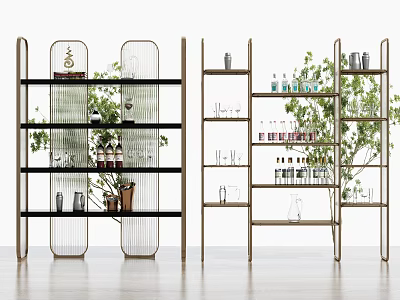 Modern Open Shelving Unit With Metal Frame Tiered Design And Decorative Plants Glassware 3d model