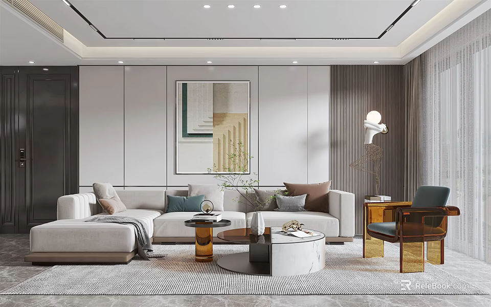 Modern Living Dining Room Interior With Sofa Pillows Coffee Table And Wall Art 3d model