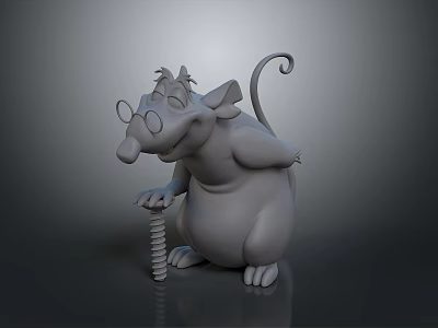 3D Gray Mouse Cartoon Character Wearing Glasses Holding Spring With Funny Expression 3d model