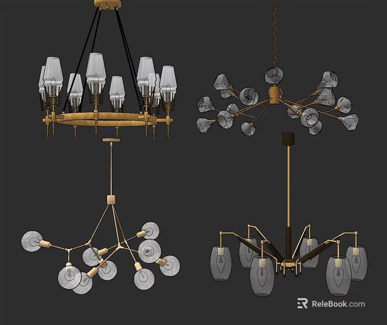 Modern Chandelier Designs With Metal Frame And Transparent Glass Shades In Multiple Styles 3d model 