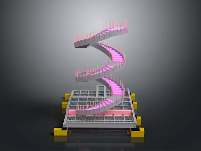 Detailed Spiral Staircase 3D Model With Pink Steps Metal Frame Base And Yellow Support Blocks 3d model