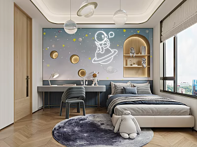 Kids Room Interior Design With Starry Wall Planets Astronaut Bed Desk Shelf And Rug 3d model