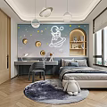 Kids Room Interior Design With Starry Wall Planets Astronaut Bed Desk Shelf And Rug