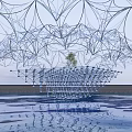 Modern Tree Shaped Metal Pergola Design With Water Pool Reflection And Stone Pavement