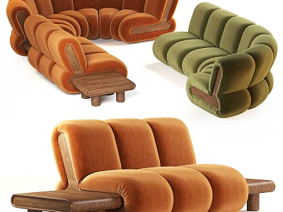 Modern Two Seater Sofa Designs In Orange And Green Velvet With Wooden Legs 3d model