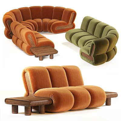 Modern Two Seater Sofa Designs In Orange And Green Velvet With Wooden Legs 3d model