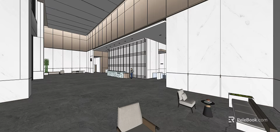 Modern Lobby Front Desk Interior Design With Marble Walls Glass Partitions And Seating 3d model 