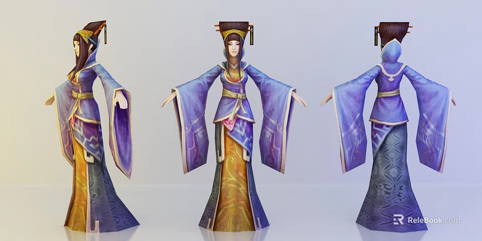 Ancient Chinese Game Movie Character With Purple Robe And Traditional Hair Ornament 3d model 
