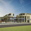 Modern Commercial Street Plaza With Curved Buildings Outdoor Seating And Fountain