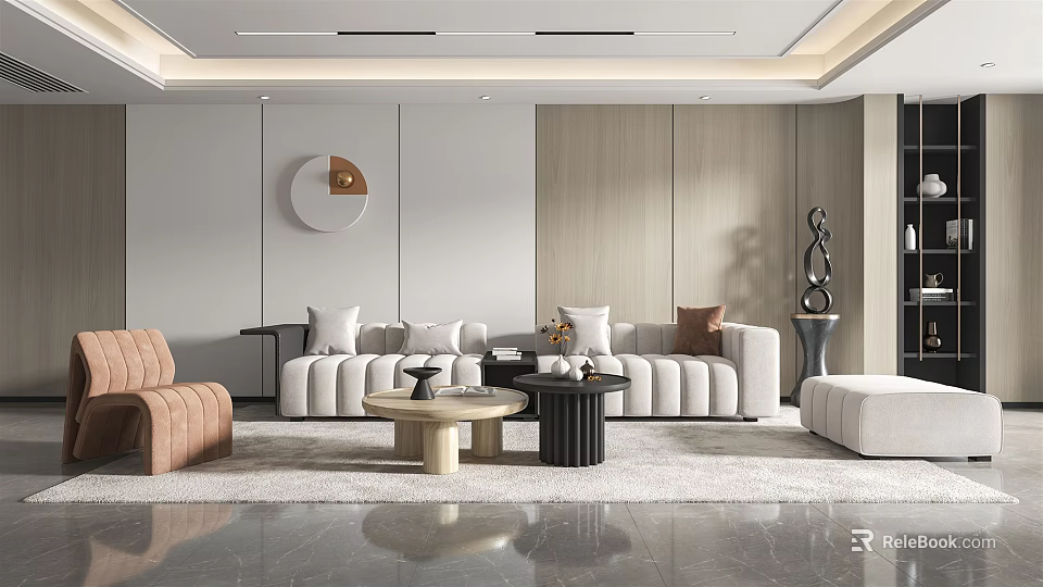Modern Living Room Interior Design With Beige Sofa Coffee Tables And Wall Decor 3d model 