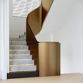 Modern Interior Staircase with Gray Marble Steps Golden Handrail and Lighting